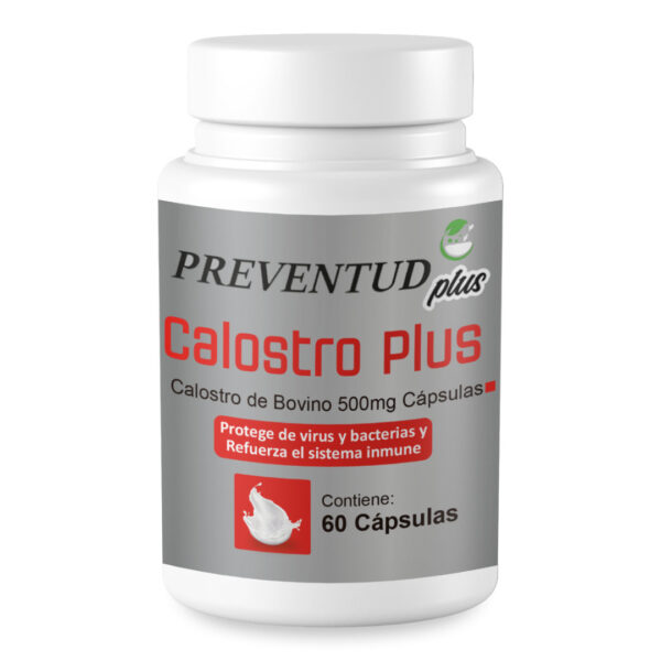 Calostro Plus de Preventud Plus. La etiqueta del producto indica que contiene 60 cápsulas y expresa que protege contra virus y bacterias, además de reforzar el sistema inmune.