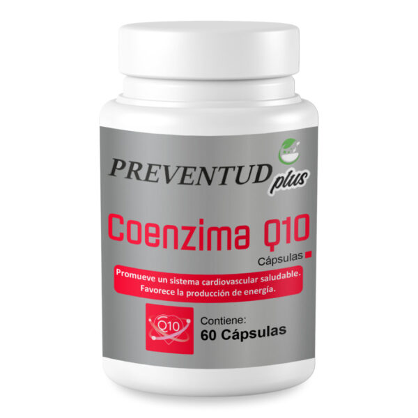 Coenzima Q10 de Preventud Plus. La etiqueta del producto reporta que contiene 60 cápsulas e indica que promueve un sistema cardiovascular saludable. Favorece la producción de energía.