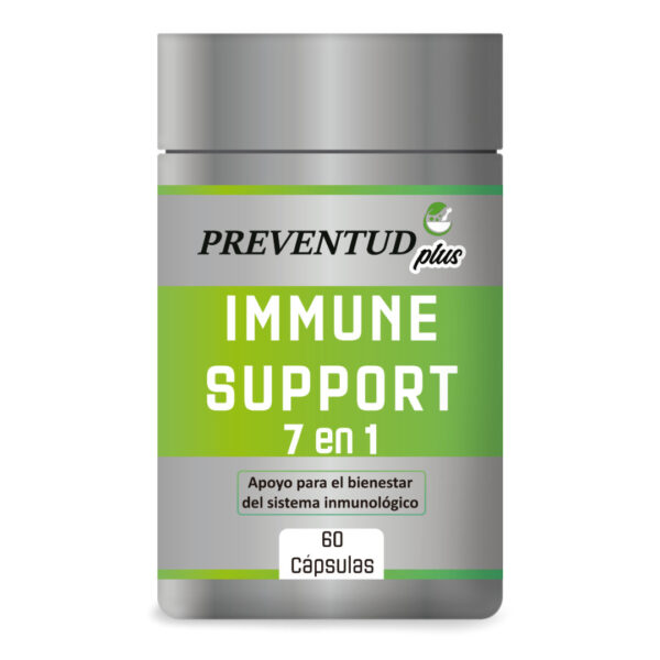 Immune Support 7 en 1 de Preventud Plus. La etiqueta del producto reporta que contiene 60 cápsulas e indica que funciona como apoyo para el bienestar del sistema inmunológico.