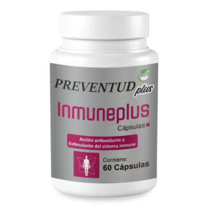 Inmuneplus de Preventud Plus. La etiqueta del producto indica que contiene 60 cápsulas y expresa que tiene acción antioxidante y estimulante del sistema inmune.