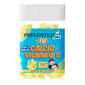 Calcio + Vitamina D Kids de Preventud Plus. La etiqueta del producto reporta que contiene 60 gomitas masticables y señala que está indicado para el fortalecimiento de huesos y músculos.