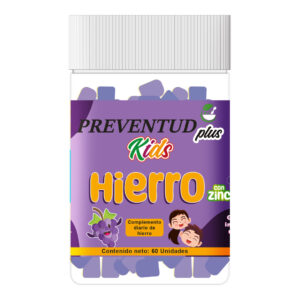 Hierro Kids de Preventud Plus. La etiqueta del producto reporta que contiene 60 gomitas masticables e indica que es un complemento diario de Hierro y Zinc.