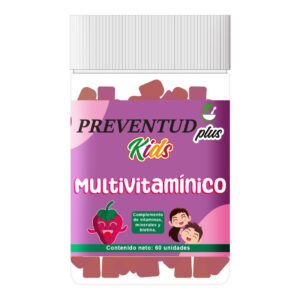 Multivitamínico Kids de Preventud Plus. La etiqueta del producto reporta que contiene 60 gomitas masticables e indica que contiene una combinación de vitaminas, minerales y biotina.