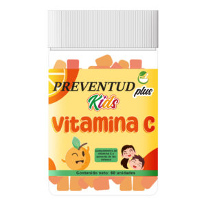 Vitamina C Kids de Preventud Plus. La etiqueta del producto reporta que contiene 60 gomitas masticables e indica que es un complemento de la vitamina C y ayuda a aumentar las defensas.