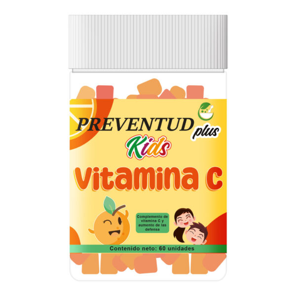 Vitamina C Kids de Preventud Plus. La etiqueta del producto reporta que contiene 60 gomitas masticables e indica que es un complemento de la vitamina C y ayuda a aumentar las defensas.