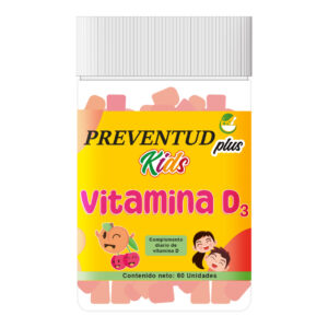 Vitamina D3 Kids de Preventud Plus. La etiqueta del producto reporta que contiene 60 gomitas masticables e indica que es un complemento diario de Vitamina D.