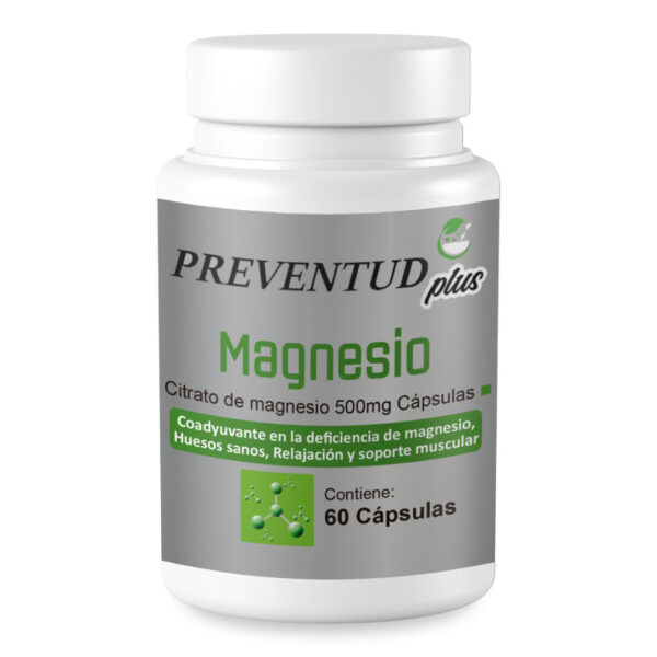 Magnesio (Citrato de Magnesio 500mg) de Preventud Plus. La etiqueta del producto reporta contener 60 Cápsulas; sirve como coadyuvante en la deficiencia de magnesio, huesos sanos, relajación y soporte muscular.