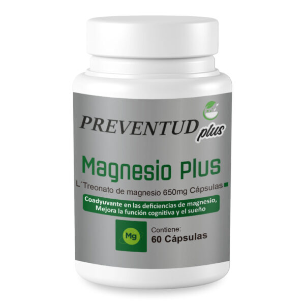 L-treonato de magnesio 650mg (Magnesio Plus) de Preventud Plus. La etiqueta del producto reporta que contiene 60 cápsulas e indica que el producto es coadyuvante en las deficiencias de magnesio, mejora la función cognitiva y el sueño.