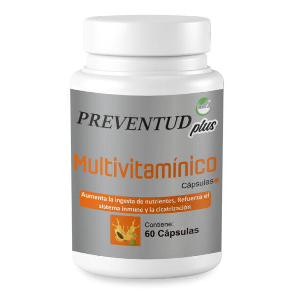 Multivitaminico (Vitaminas A, C, D, E y Zinc) de Preventud Plus. La etiqueta del producto reporta que contiene 60 cápsulas e indica que aumenta la ingesta de nutrientes, refuerza el sistema inmune y la cicatrización.