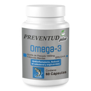 Omega-3 (Aceite de pescado) de Preventud Plus. La etiqueta del producto reporta que contiene 60 cápsulas e indica que tiene acción antiinflamatoria, reduce el colesterol y triglicéridos