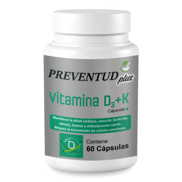 Vitamina D3 5.000 UI + K 50 mcg de Preventud Plus. La etiqueta del producto reporta que contiene 60 cápsulas e indica que mantiene la salud cardiaca, vascular (arterias, venas), huesos y articulaciones sanos. Mejora la transmisión de señales nerviosas.